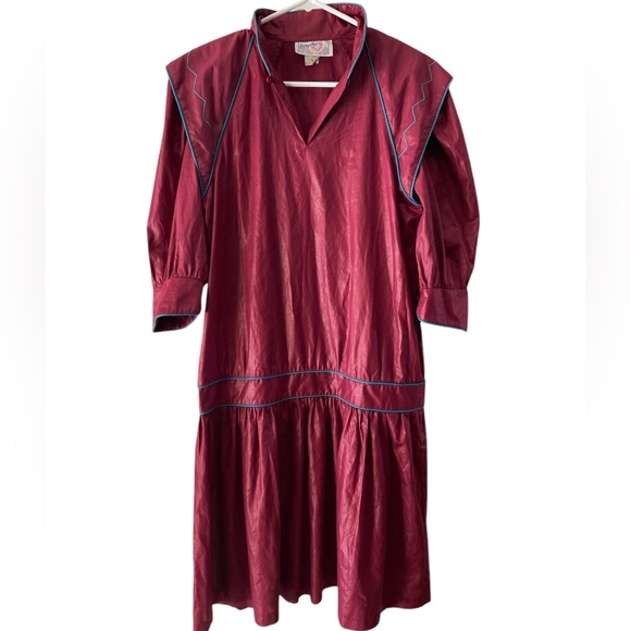 Coquille SF 80’s vintage burgundy/turquoise lined dress - Picture 1 of 7